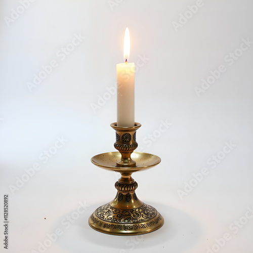 Elegant vintage candleholder with lit candle creating a warm ambiance in a soft focus background, photography of still life concept.