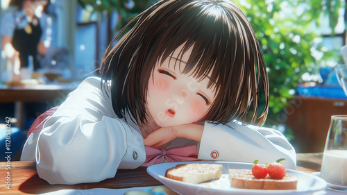 A sleepy teen Asian female in a school uniform, seated at a breakfast table in early spring, rubbing her tired showing signs of rushing out of bed.  photo