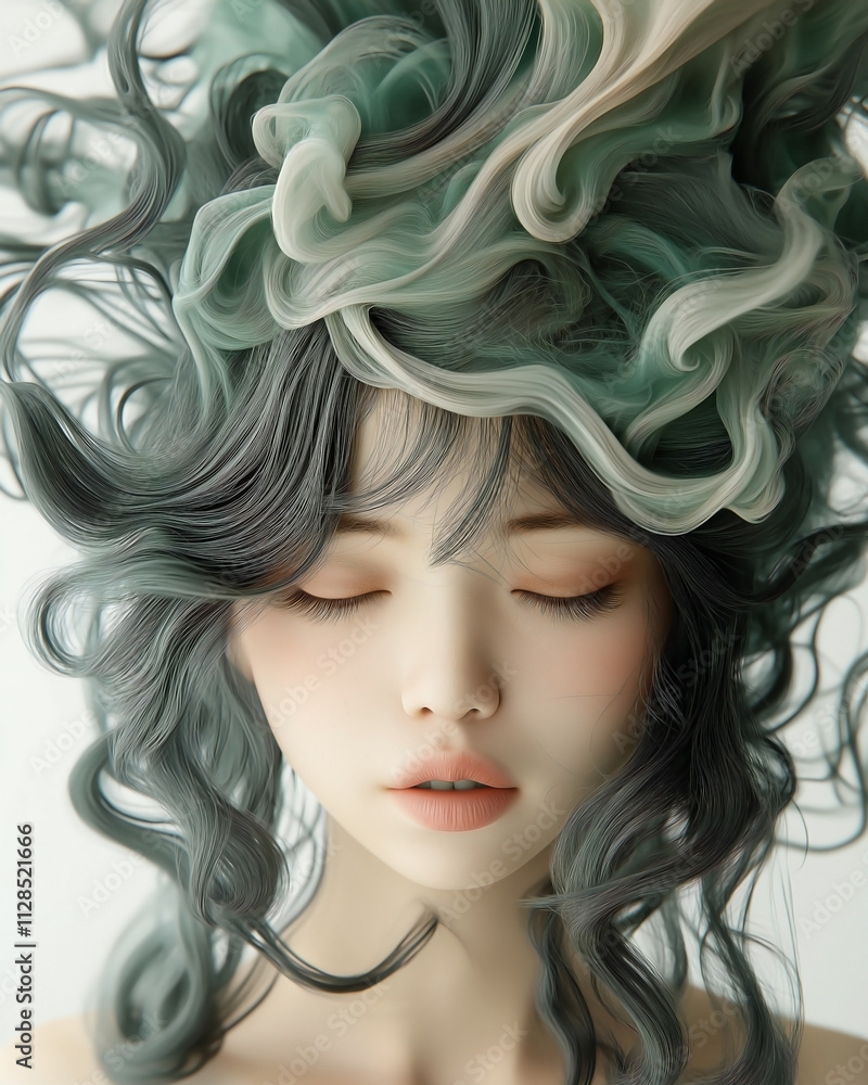 a woman whose long, flowing hair has been replaced by thick, toxic vapor rising from her scalp. a hazy cloud that seems to pulse with an unpleasant, foul-smelling energy. a woman whose long, flowing hair has been replaced by thick, toxic vapor rising from her scalp. a hazy cloud that seems to pulse with an unpleasant, foul-smelling energy.