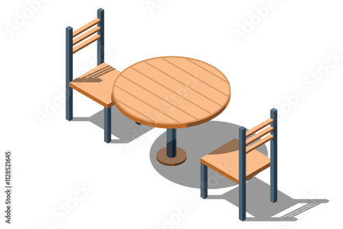 Isometric round table with chairs. Wooden round table. Isometric furniture. Vector illustration