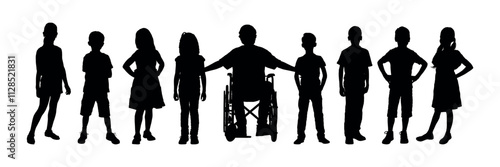 Adult man sitting in wheelchair with children standing surrounding him front view black silhouettes.