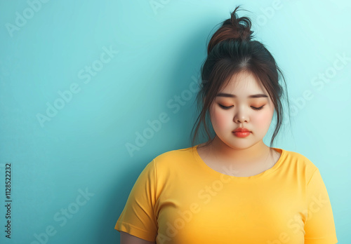 Upset oversized lady worry diet weight loss suffering from extra weight. Photo of a chubby young Asian woman sad and looking down wearing a yellow T-shirt on blue background. Obesity unhealthy concept