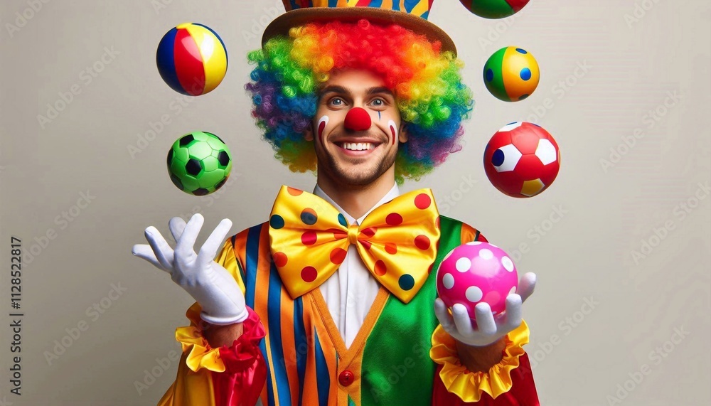A clown juggler who has fun juggling colorful balls A clown juggler who has fun juggling colorful balls