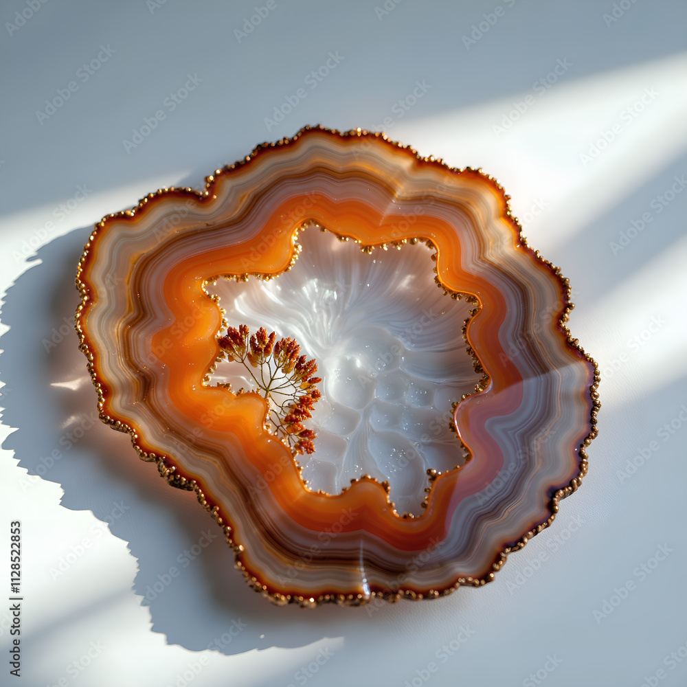 Obraz premium Stunning agate slice with intricate patterns and delicate flora accent, photography of still life concept.
