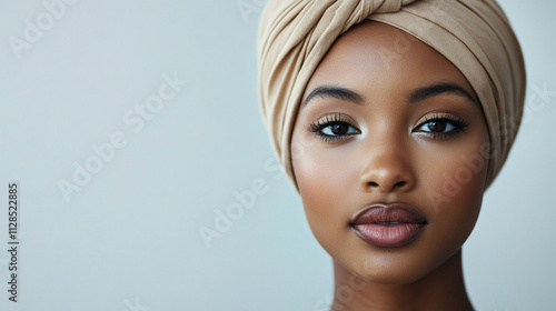 Black woman in a neutral turban with a business casual outfit, showing a professional and stylish look for work or fashion themes photo