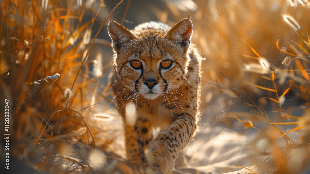 Obraz premium Serval Cat in Golden Grassland Wildlife Photography