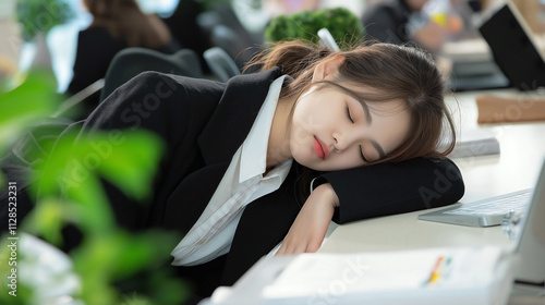 A young Asian female rests her head on her desk, clearly taking a nap in the middle of her Her body language is completely relaxed, while her face rests on her arm. photo