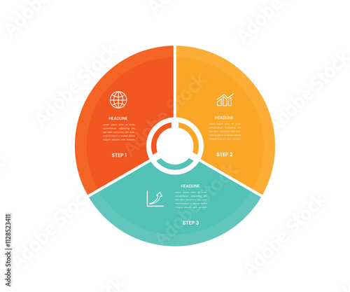 Infographics step by step with colored sections. Flat pie chart with 3 steps, options, parts