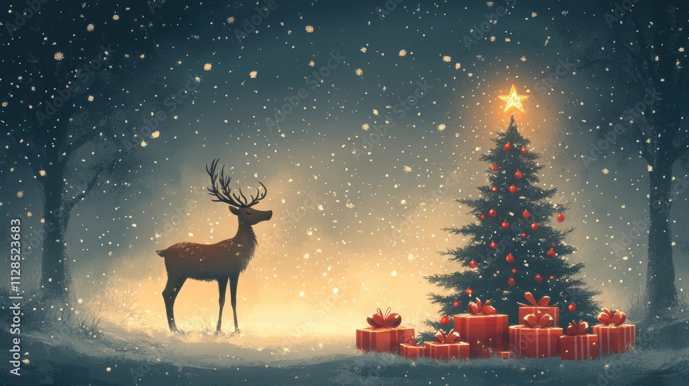 reindeer and christmas tree with gifts in the winter forest reindeer and christmas tree with gifts in the winter forest