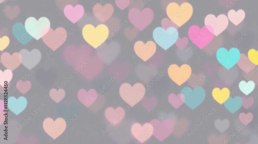 a grey backdrop with rich deep teal, pink, and yellow heart-shaped bokeh lights, love, sparkle, shine, romance, glowing a grey backdrop with rich deep teal, pink, and yellow heart-shaped bokeh lights, love, sparkle, shine, romance, glowing