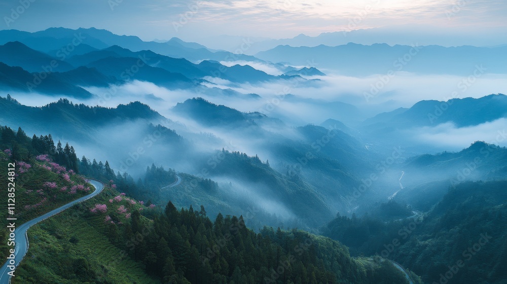 Misty mountain valley with layered hills and scenic beauty Misty mountain valley with layered hills and scenic beauty