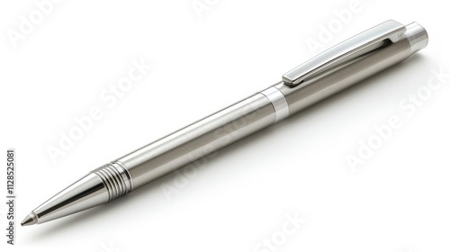 A sleek, silver pen with a comfortable grip, isolated on a white background, ready for writing 