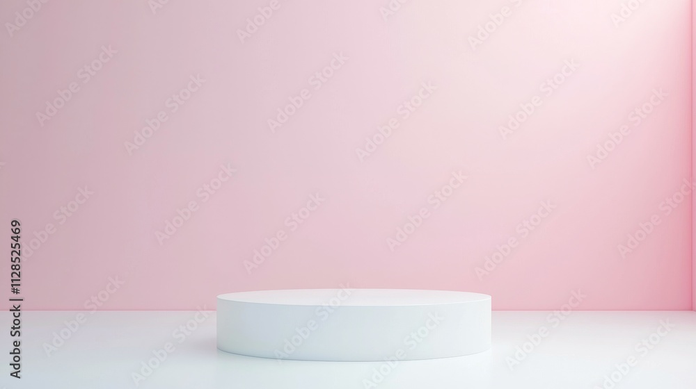 A minimalist display area with a circular platform against a soft pink wall. A minimalist display area with a circular platform against a soft pink wall.