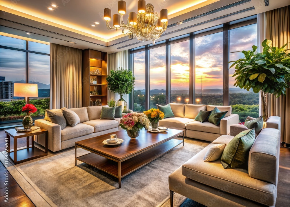 Fototapeta premium A modern living room bathed in soft light, showcasing floral décor and stylish design, viewed from above.