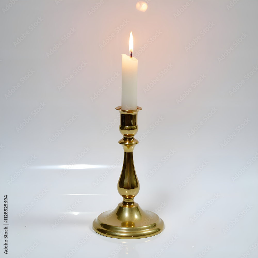 Elegant brass candleholder with lit candle casting a soft glow in a minimalistic setting, photography of still life concept. Elegant brass candleholder with lit candle casting a soft glow in a minimalistic setting, photography of still life concept.