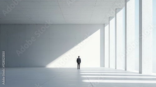 A solitary figure stands in a vast, minimalistic space with light and shadows.