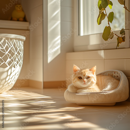 Obraz na plátně fluffy cat relaxes in cozy bed by sunlit window, surrounded by warm, inviting home decor and vibrant tiles