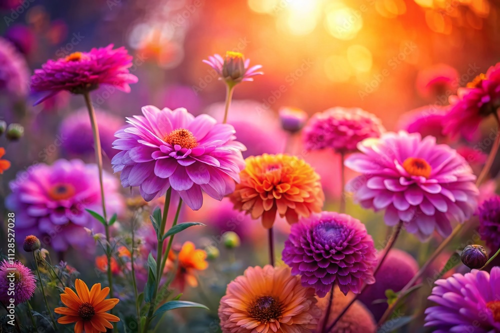 Fototapeta premium Abstract Floral Landscape Photography Featuring Vivid Pink, Purple, and Orange Flowers Blending Harmoniously in an Enchanting Natural Setting