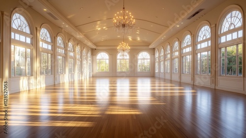 Sunlit Ballroom with Large Windows and Crystal Chandeliers