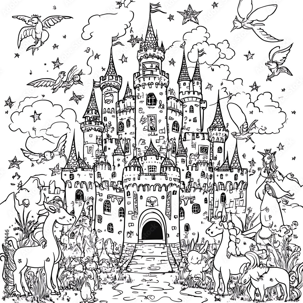 Obraz premium Enchanting Castle Surrounded by Magical Creatures