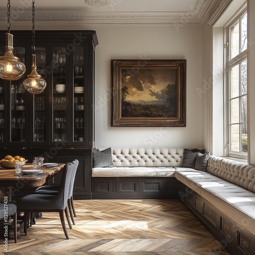 Traditional dining room with vintage furniture and large windows photo