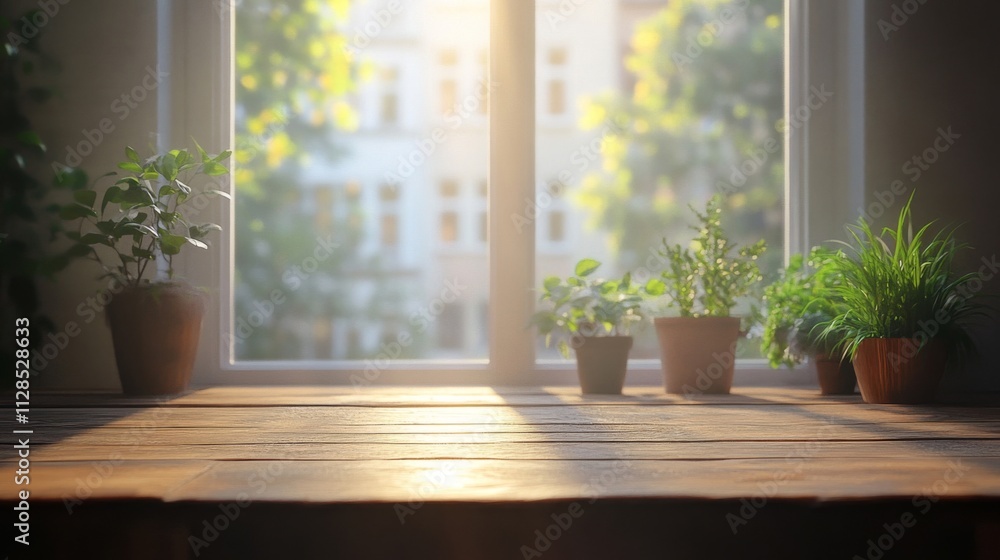 Sunlit Wooden Windowsill With Potted Plants Sunlit Wooden Windowsill With Potted Plants