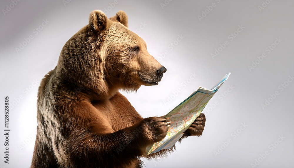Obraz premium Curious Bear Exploring a Map in the Studio