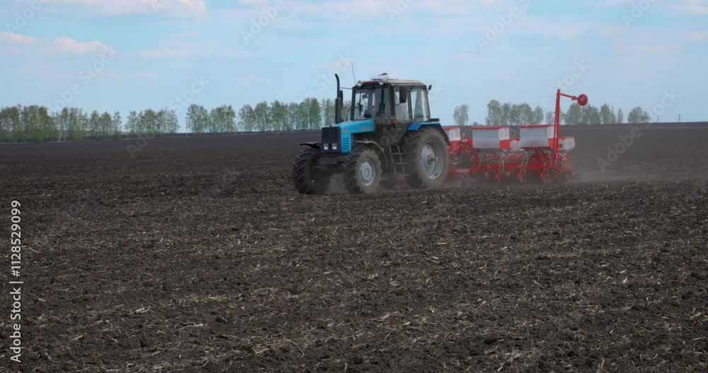 Agriculture, agricultural equipment, and agrarian industry. Tractor with seeding machine planting seeds in soil with fertilizers spring time. Sowing season in field on farm. Technology seeding grain. Agriculture, agricultural equipment, and agrarian industry. Tractor with seeding machine planting seeds in soil with fertilizers spring time. Sowing season in field on farm. Technology seeding grain.