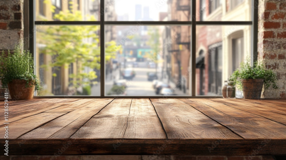 Wooden Tabletop View Cityscape Background Wooden Tabletop View Cityscape Background