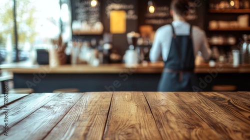 Rustic Wooden Table In A Busy Coffee Shop