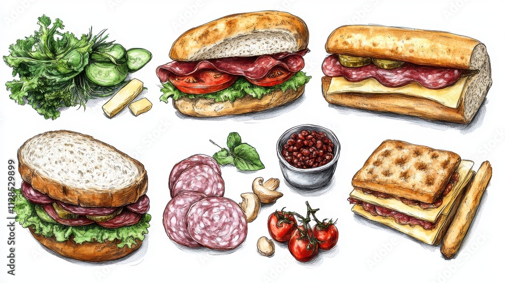 sandwich set hand drawn sketch lettuce leaves salami cheese bacon ham and vegetables in submarine style sandwiches both a top down and perspective view ingredients that fly fast foo sandwich set hand drawn sketch lettuce leaves salami cheese bacon ham and vegetables in submarine style sandwiches both a top down and perspective view ingredients that fly fast foo