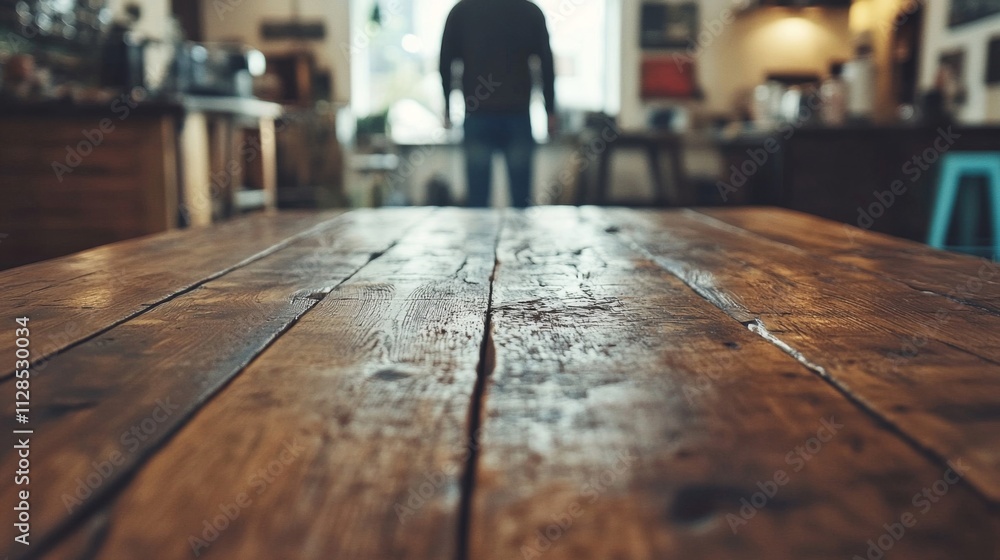 Rustic Wooden Table In A Blurred Cafe Setting Rustic Wooden Table In A Blurred Cafe Setting