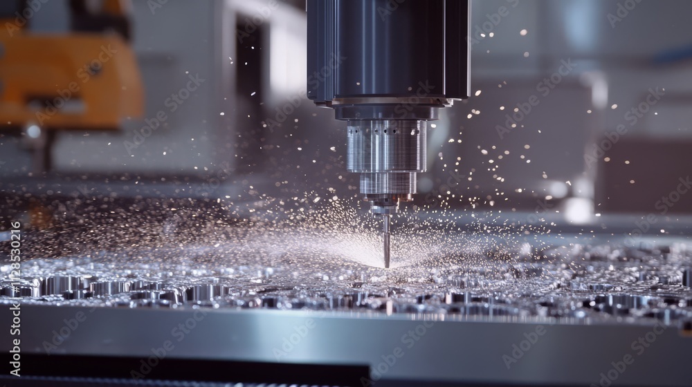 Close-up of CNC machine precisely cutting metal. Close-up of CNC machine precisely cutting metal.