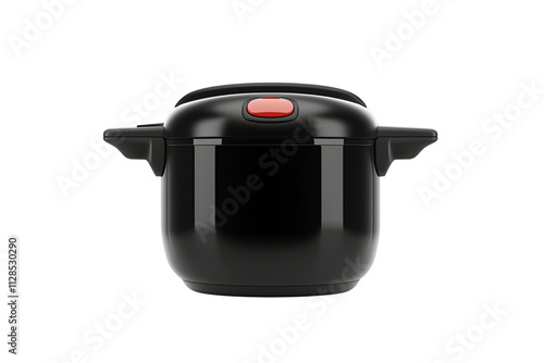 A sleek, black cooking pot with a red handle, designed for efficient meal preparation. photo