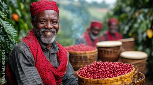 Smiling Farmer with Freshly Harvested Coffee Cherries 