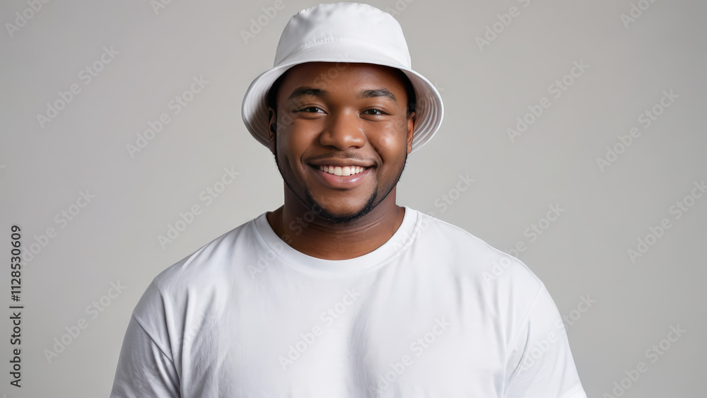 Plus size young black man wearing white t-shirt and white bucket hat isolated on grey background Plus size young black man wearing white t-shirt and white bucket hat isolated on grey background