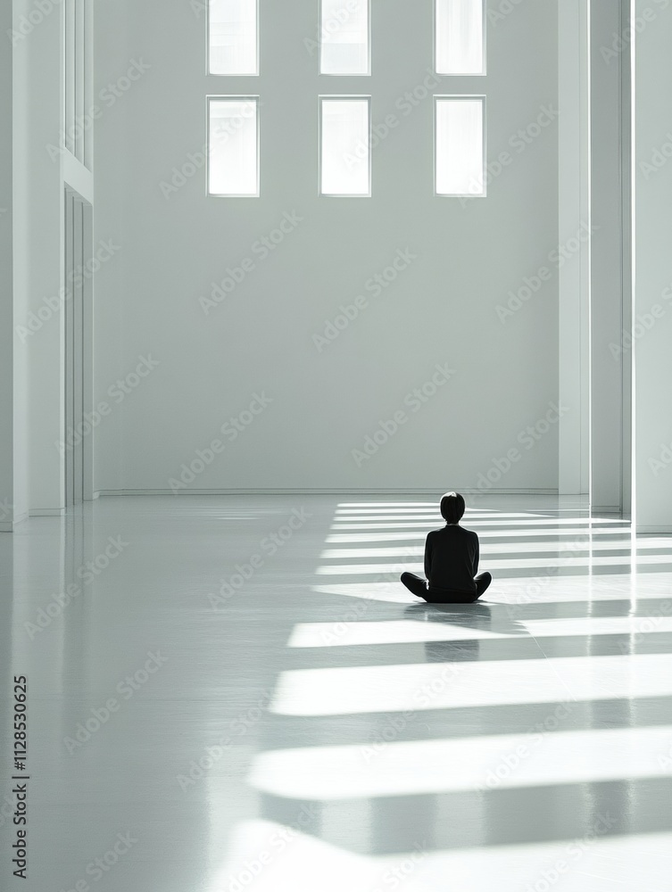 A person sits quietly on the smooth floor of a spacious gallery, surrounded by vast empty walls and bright sunlight streaming through windows. Generative AI A person sits quietly on the smooth floor of a spacious gallery, surrounded by vast empty walls and bright sunlight streaming through windows. Generative AI