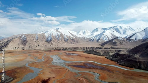 Drone view of Muji river and snow mountains in Muji, Akto county, Kashgar, Southern Xinjiang, China. Aerial landscape of natural landmark on Pamir plateau, 4k real time footage, travel concept.