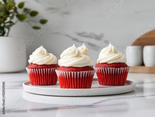 A plate of red velvet cupcakes topped with cream cheese frosting.