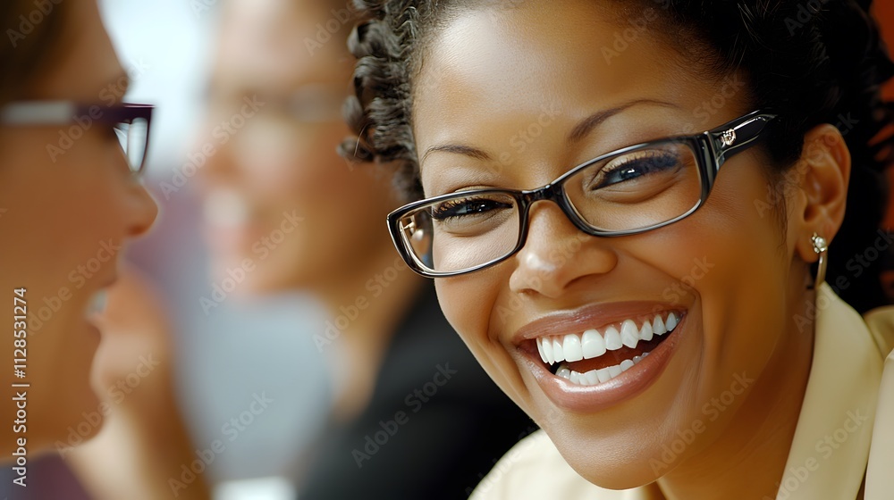 A group of business people smiling and laughing during an office meeting A group of business people smiling and laughing during an office meeting