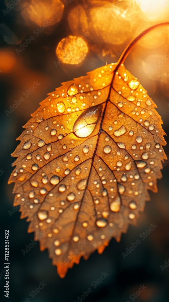 Close-up of an autumn leaf with dew drops Close-up of an autumn leaf with dew drops