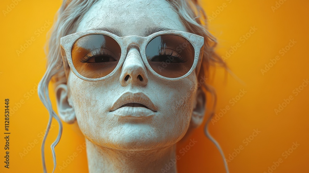 sculpture of a greek woman wearing sunglasses on orange background hyper realistic photography style sculpture of a greek woman wearing sunglasses on orange background hyper realistic photography style
