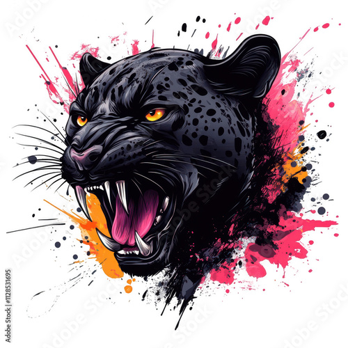 Panther head vector design with angry expression and colorful paint splash illustration on transparent background photo