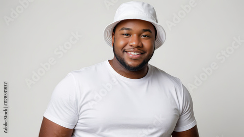 Plus size young black man wearing white t-shirt and white bucket hat isolated on grey background