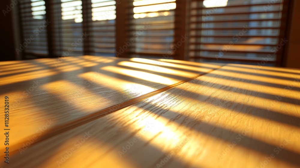 Wooden Table Illuminated By Sunlight Through Blinds