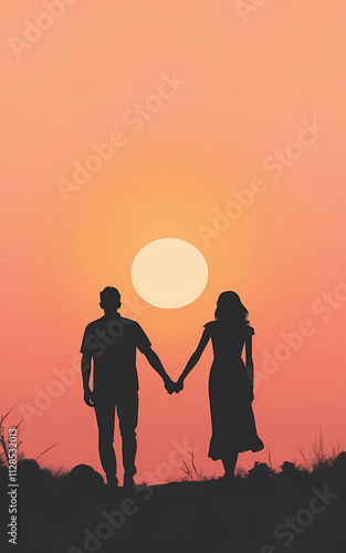 Couple holding hands at sunset with orange sky