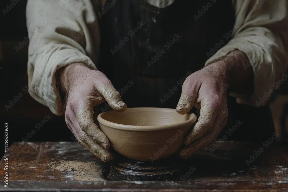 A potter shaping a clay bowl on a wheel, showcasing craftsmanship and artistry. A potter shaping a clay bowl on a wheel, showcasing craftsmanship and artistry.
