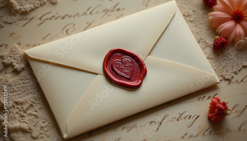 Elegant envelope with red wax heart seal on vintage paper