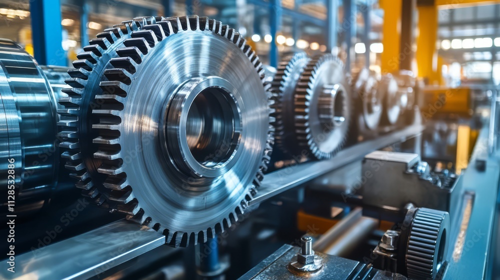 Close-up of industrial gears in a factory setting. Close-up of industrial gears in a factory setting.