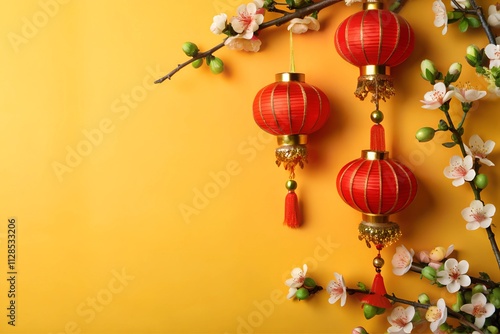 Chinese New Year greeting card with yellow background decorated with red tassel lanterns and pink flowers.